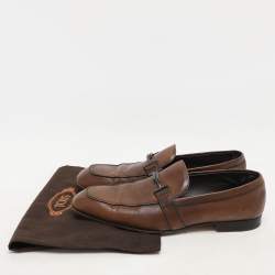 Pre Owned Tod's Brown Leather Double T Loafers Size 45.5
