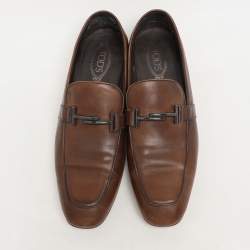 Pre Owned Tod's Brown Leather Double T Loafers Size 45.5
