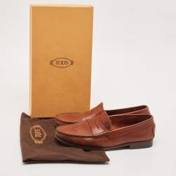 Pre Owned Tod's Brown Leather Penny Slip On Loafers Size 41.5