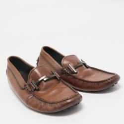 Tod's Dark Brown Leather Double T Logo Slip On Penny Loafers Size 42.5