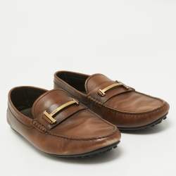 Tod's Brown Leather Double T Logo Slip On Penny Loafers Size 44