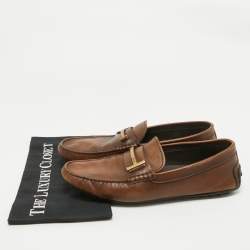 Tod's Brown Leather Double T Logo Slip On Penny Loafers Size 44