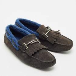 Tod's Grey Shearling and Suede Double T Driver Loafers Size 39.5
