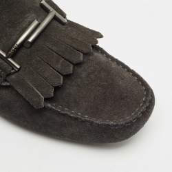 Tod's Grey Shearling and Suede Double T Driver Loafers Size 39.5