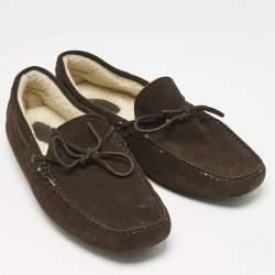 Tod's Dark Brown Suede Shearling Lined Bow Slip On Loafers Size 43