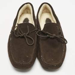Tod's Dark Brown Suede Shearling Lined Bow Slip On Loafers Size 43