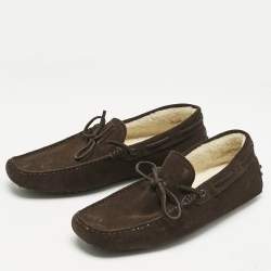 Tod's Dark Brown Suede Shearling Lined Bow Slip On Loafers Size 43