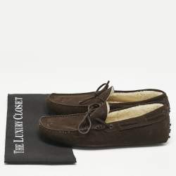 Tod's Dark Brown Suede Shearling Lined Bow Slip On Loafers Size 43