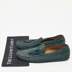 Pre Owned Tod's Dark Green Suede Bow Slip On Loafers Size 44.5