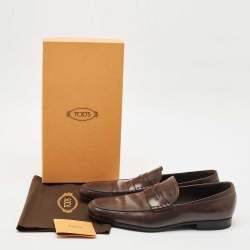 Pre Owned Tod's Dark Brown Leather Penny Slip On Loafers Size 47.5
