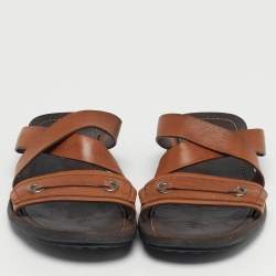 Pre Owned Tod's Brown Leather Crisscross Slide Sandals Size 42.5