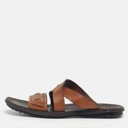 Pre Owned Tod's Brown Leather Crisscross Slide Sandals Size 42.5