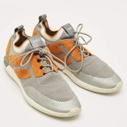 Pre Owned Tod's Size 43 Grey/Brown Knit Fabric and Suede Low Top Sneakers