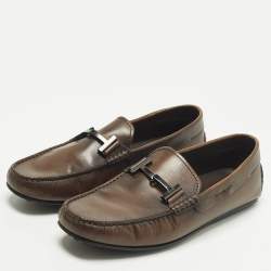 Pre Owned حذاء لوفرز تودز دوبيا جلد بني داكن بحرف T مزدوج سهل الارتداء مقاس 41.5