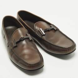 Pre Owned حذاء لوفرز تودز دوبيا جلد بني داكن بحرف T مزدوج سهل الارتداء مقاس 41.5