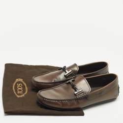 Pre Owned حذاء لوفرز تودز دوبيا جلد بني داكن بحرف T مزدوج سهل الارتداء مقاس 41.5