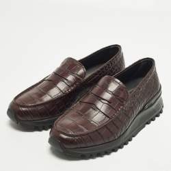 Pre Owned Tod's x Alber Elbaz Happy Moments Size 40 Brown Croc Embossed Leather Slip On Sneakers