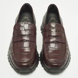 Pre Owned Tod's x Alber Elbaz Happy Moments Size 40 Brown Croc Embossed Leather Slip On Sneakers