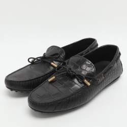 Pre Owned Tod's Black Croc Embossed Leather Bow Slip On Loafers Size 44.5
