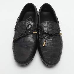 Pre Owned Tod's Black Croc Embossed Leather Bow Slip On Loafers Size 44.5