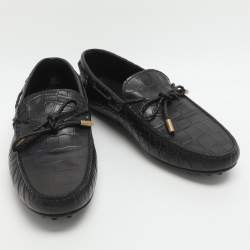 Pre Owned Tod's Black Croc Embossed Leather Bow Slip On Loafers Size 44.5