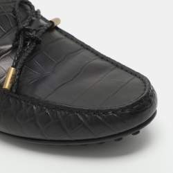 Pre Owned Tod's Black Croc Embossed Leather Bow Slip On Loafers Size 44.5