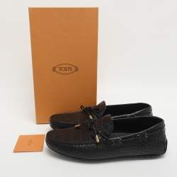 Pre Owned Tod's Black Croc Embossed Leather Bow Slip On Loafers Size 44.5