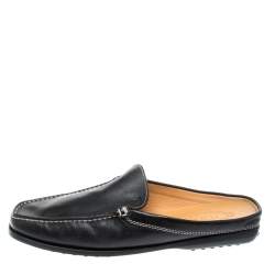 Pre Owned Tod's Black Leather Flat Loafer Mules Size 42.5