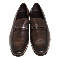 Pre Owned حذاء لوفرز تودز بطراز سليب أون مزين بشعار الماركة حرف تي مزدوج حواف جلد بني مقاس 42.5