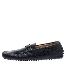 Pre Owned Tod's Black Croc Embossed Leather Double T Loafer Size 42.5
