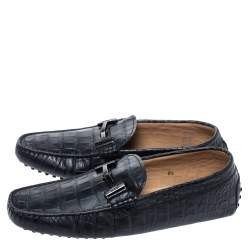 Pre Owned Tod's Black Croc Embossed Leather Double T Loafer Size 42.5