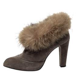 Pre Owned Tod's Grey Suede Marmot Fur Trim Ankle Boots Size 41