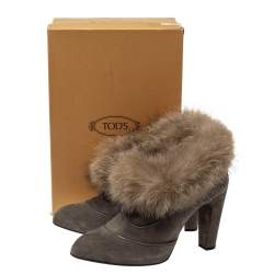 Pre Owned Tod's Grey Suede Marmot Fur Trim Ankle Boots Size 41