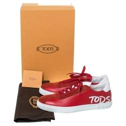 Pre Owned Tod's Red Leather And Suede Trim Low Top Sneakers Size 41.5