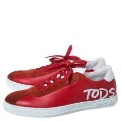 Pre Owned Tod's Red Leather And Suede Trim Low Top Sneakers Size 41.5