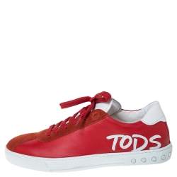 Pre Owned Tod's Red Leather And Suede Trim Low Top Sneakers Size 41.5