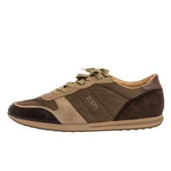 Tod's Brown/Green Nylon, Leather and Suede Low Top Sneakers Size 44