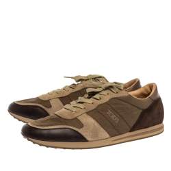 Tod's Brown/Green Nylon, Leather and Suede Low Top Sneakers Size 44