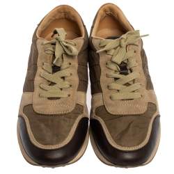 Tod's Brown/Green Nylon, Leather and Suede Low Top Sneakers Size 44