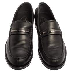 Pre Owned Tod's Black Leather Metal Bar Loafers Size 41.5