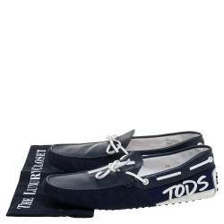 Pre Owned حذاء لوفرز تودز سليب أون مزين فيونكة قماش و جلد و سويدي أبيض و أزرق مقاس 41.5