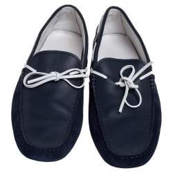 Pre Owned حذاء لوفرز تودز سليب أون مزين فيونكة قماش و جلد و سويدي أبيض و أزرق مقاس 41.5