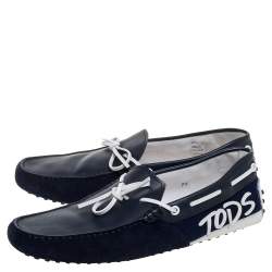 Pre Owned حذاء لوفرز تودز سليب أون مزين فيونكة قماش و جلد و سويدي أبيض و أزرق مقاس 41.5