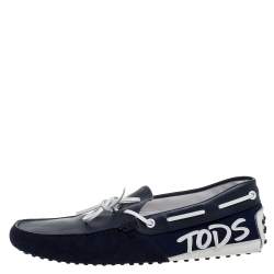 Pre Owned حذاء لوفرز تودز سليب أون مزين فيونكة قماش و جلد و سويدي أبيض و أزرق مقاس 41.5