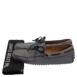 Pre Owned Tod's Grey Leather Gommino Driving Bow Loafers Size 41
