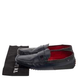 Pre Owned Tod's Blue Leather Ferrari Logo Slip On Loafers Size 43