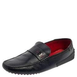 Pre Owned Tod's Blue Leather Ferrari Logo Slip On Loafers Size 43