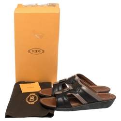 Pre Owned Tod's Black/Grey Leather Logo Embellished Slide Sandals Size 45