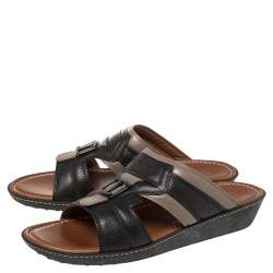 Pre Owned Tod's Black/Grey Leather Logo Embellished Slide Sandals Size 45