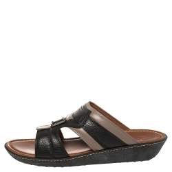 Pre Owned Tod's Black/Grey Leather Logo Embellished Slide Sandals Size 45